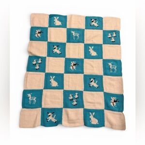 Vintage 1970s Hand Knit Baby Blanket Farm Animals Blue White Cottagecore Nursery